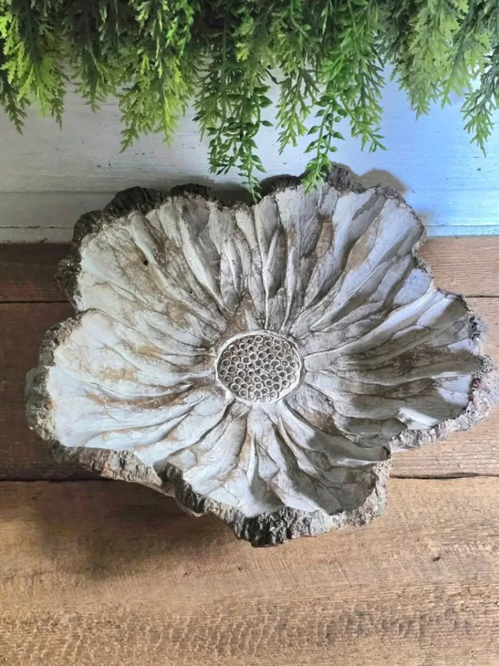 Resin Carved Flower Bowl White & Brown Distressed Shabby Chic Decoration